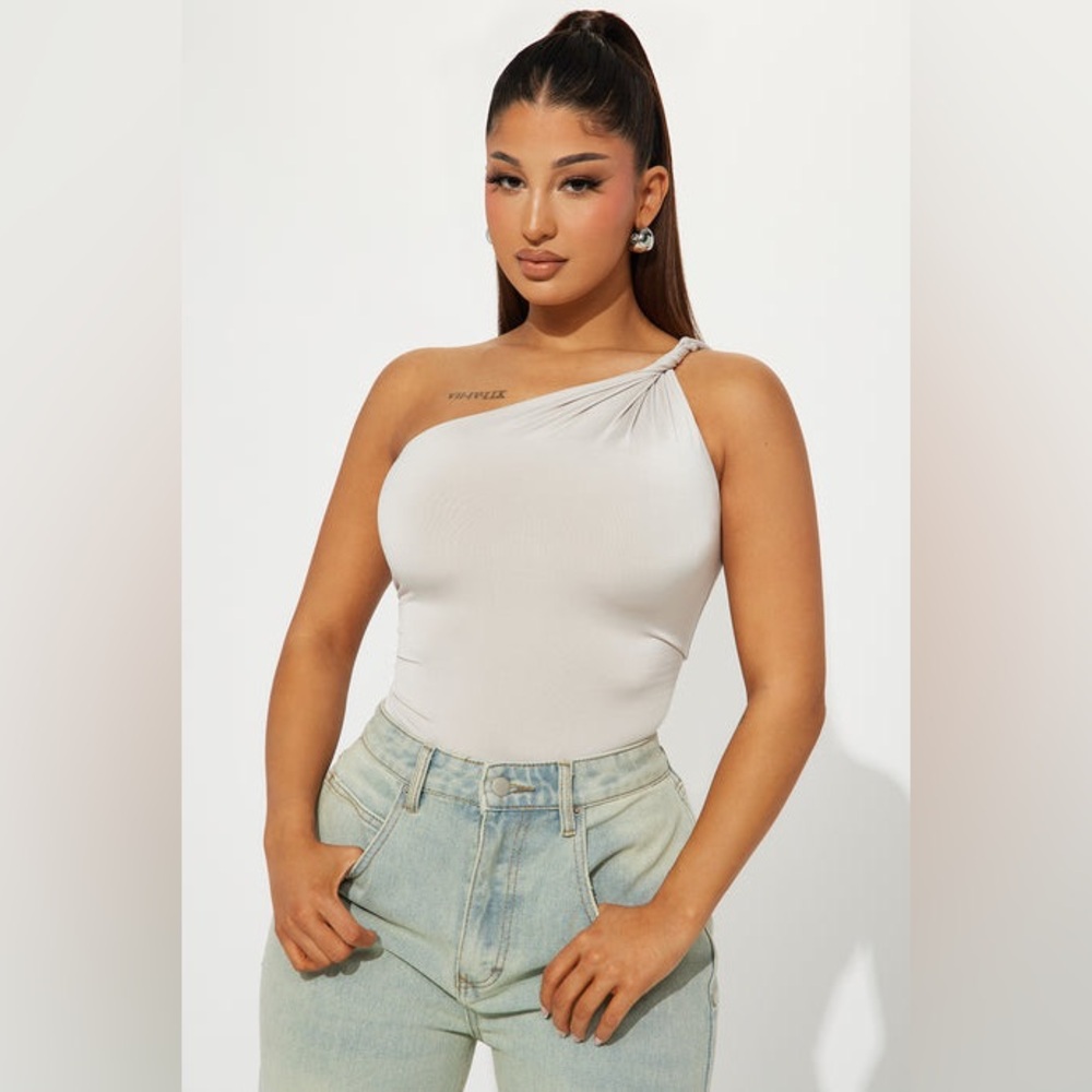 Fashion Nova Double Life  One-Shoulder Bodysuit in Stone